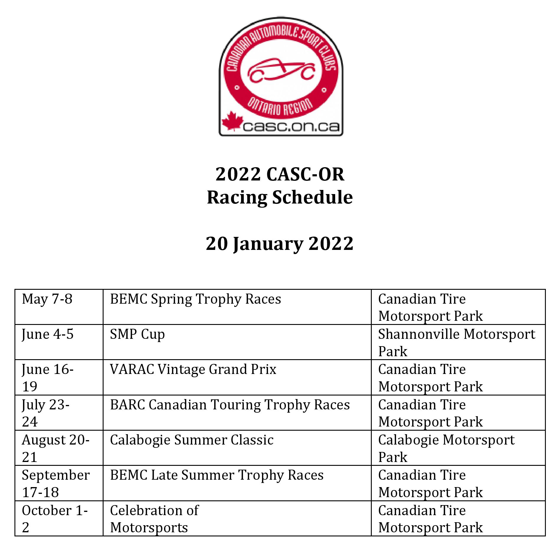 2022 CASC-OR Road Racing Schedule | CASC Ontario Region